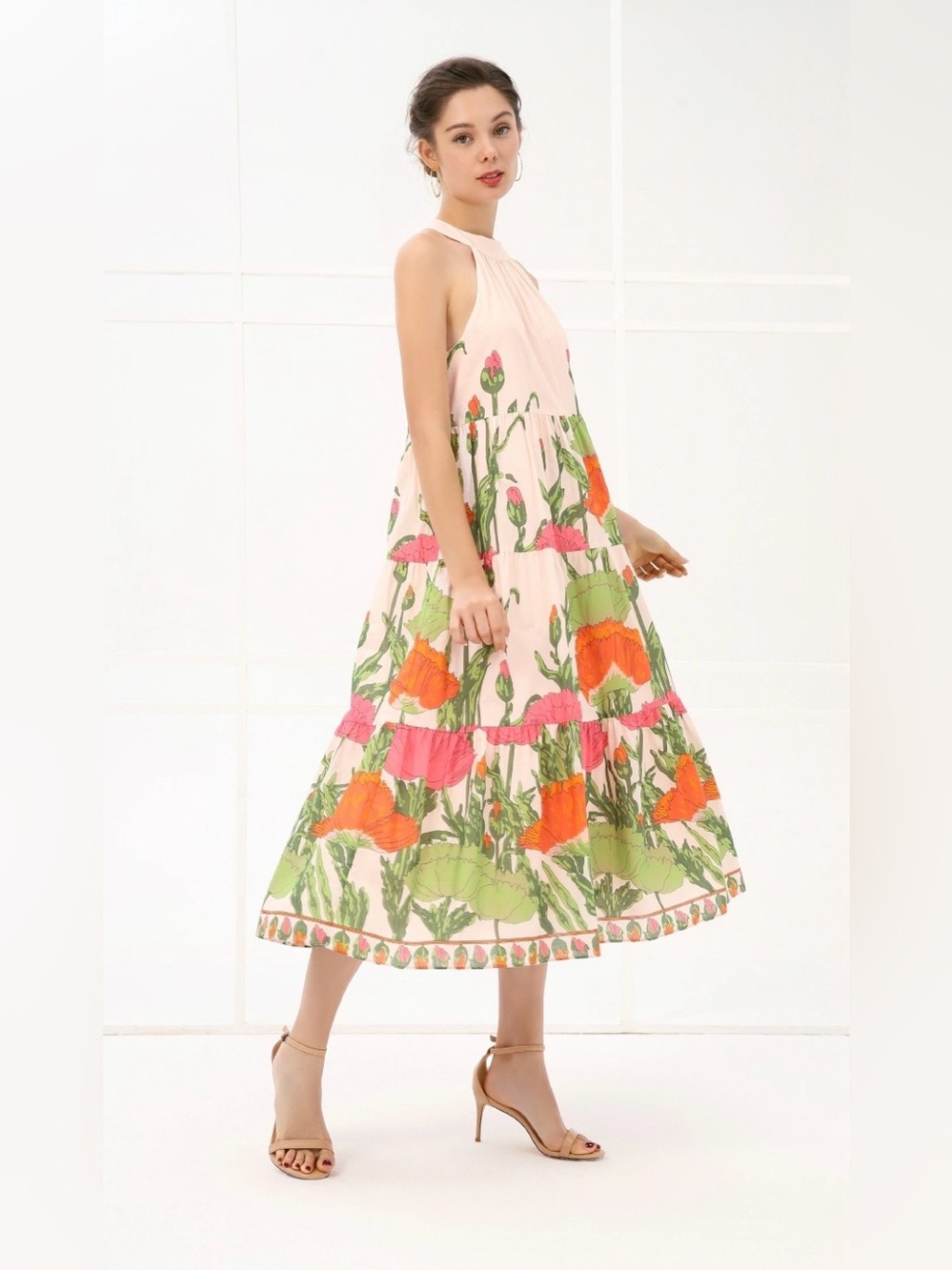 Julie Brown Cotton Sleeveless Pink Floral Tiered Midi Dress Size 4